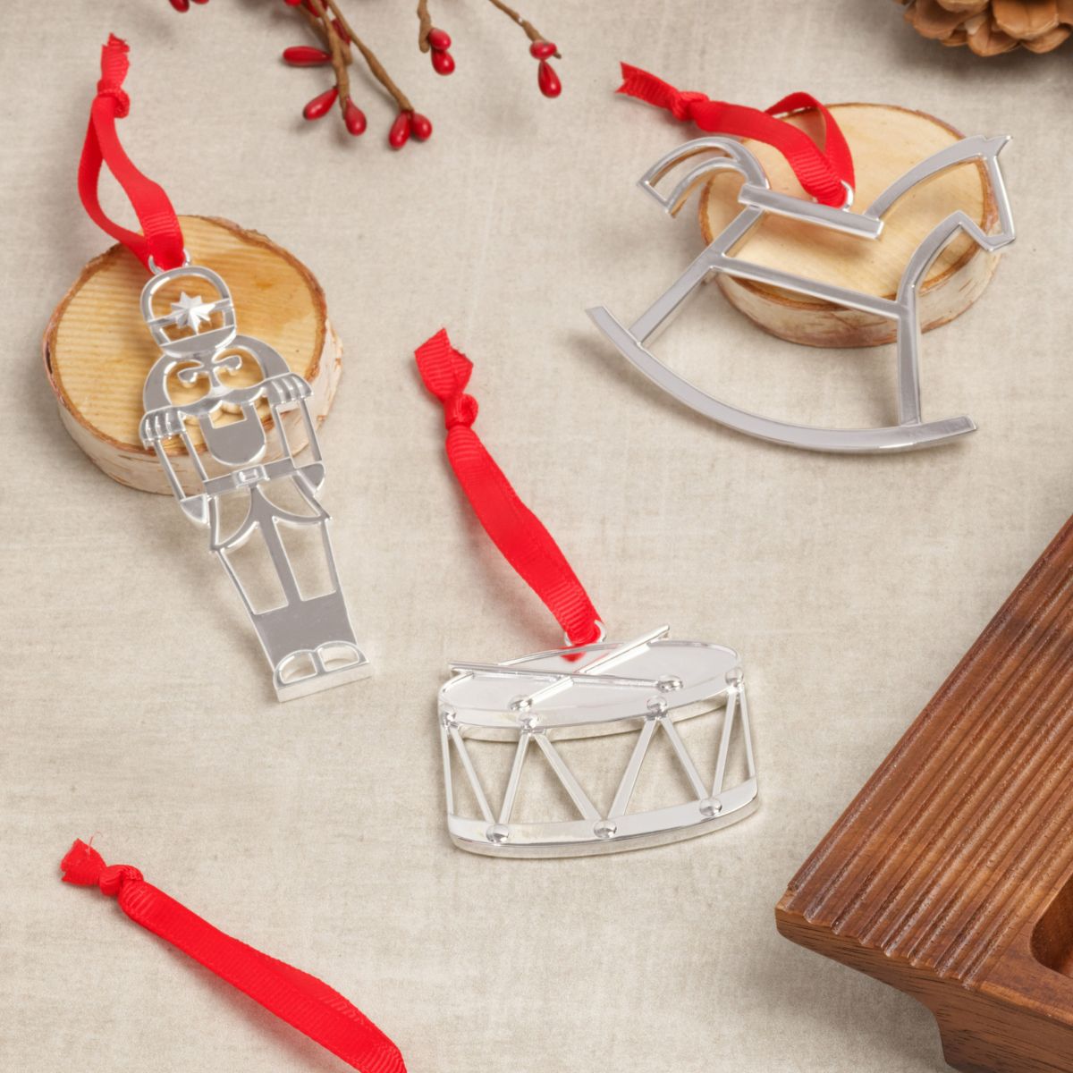 Mini Ornament Set - Rocking Horse, Drum, Nutcraker (Set of 3) image number null