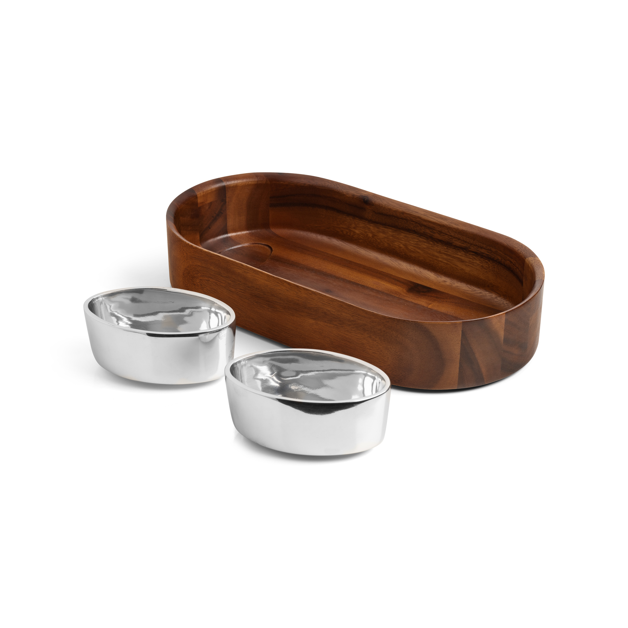 Nambe Oblong Nest Salad Bowl w/ Servers, Nambe Alloy & Acacia Wood